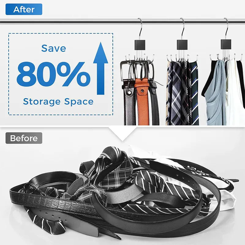 Rotating closet hook hanging belts and accessories