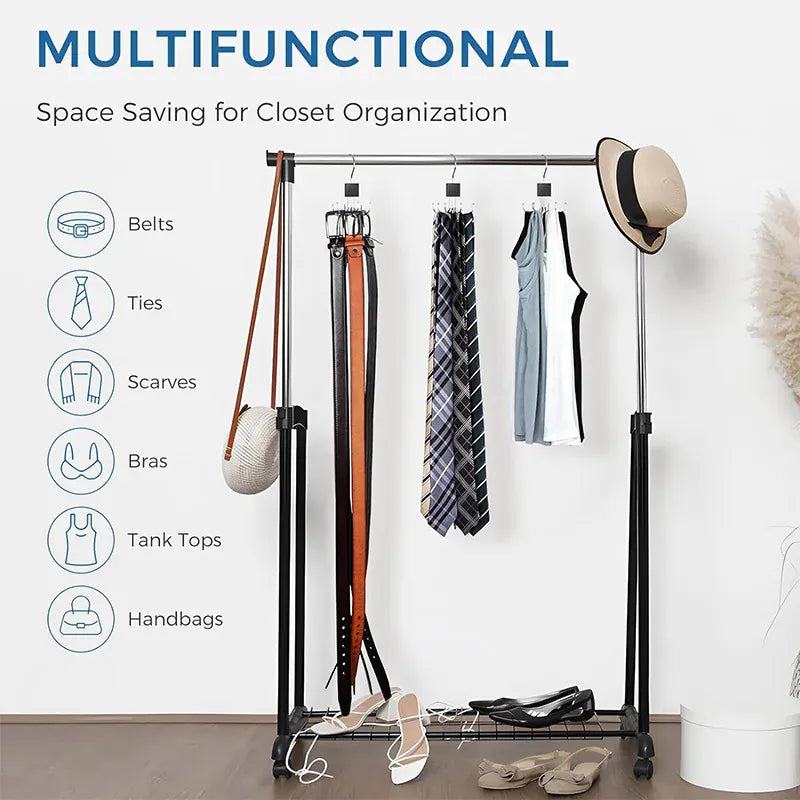 Multiuse rotating hook holding belts, ties, scarves, and bags
