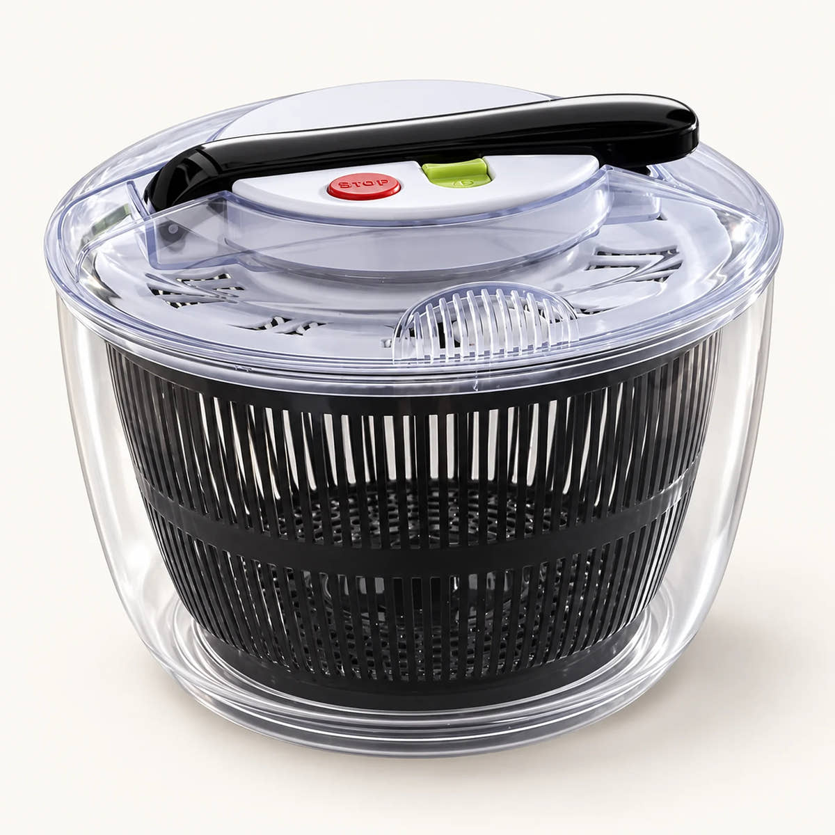 3L Press-Style Salad Spinner on a warm off-white background with a soft natural shadow.