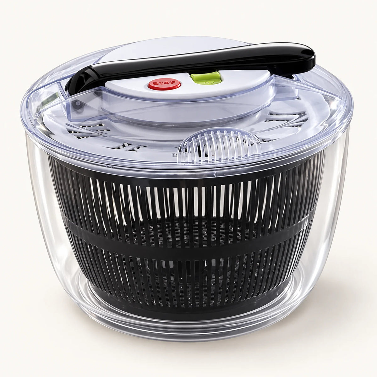 3L Press-Style Salad Spinner on a warm off-white background with a soft natural shadow.