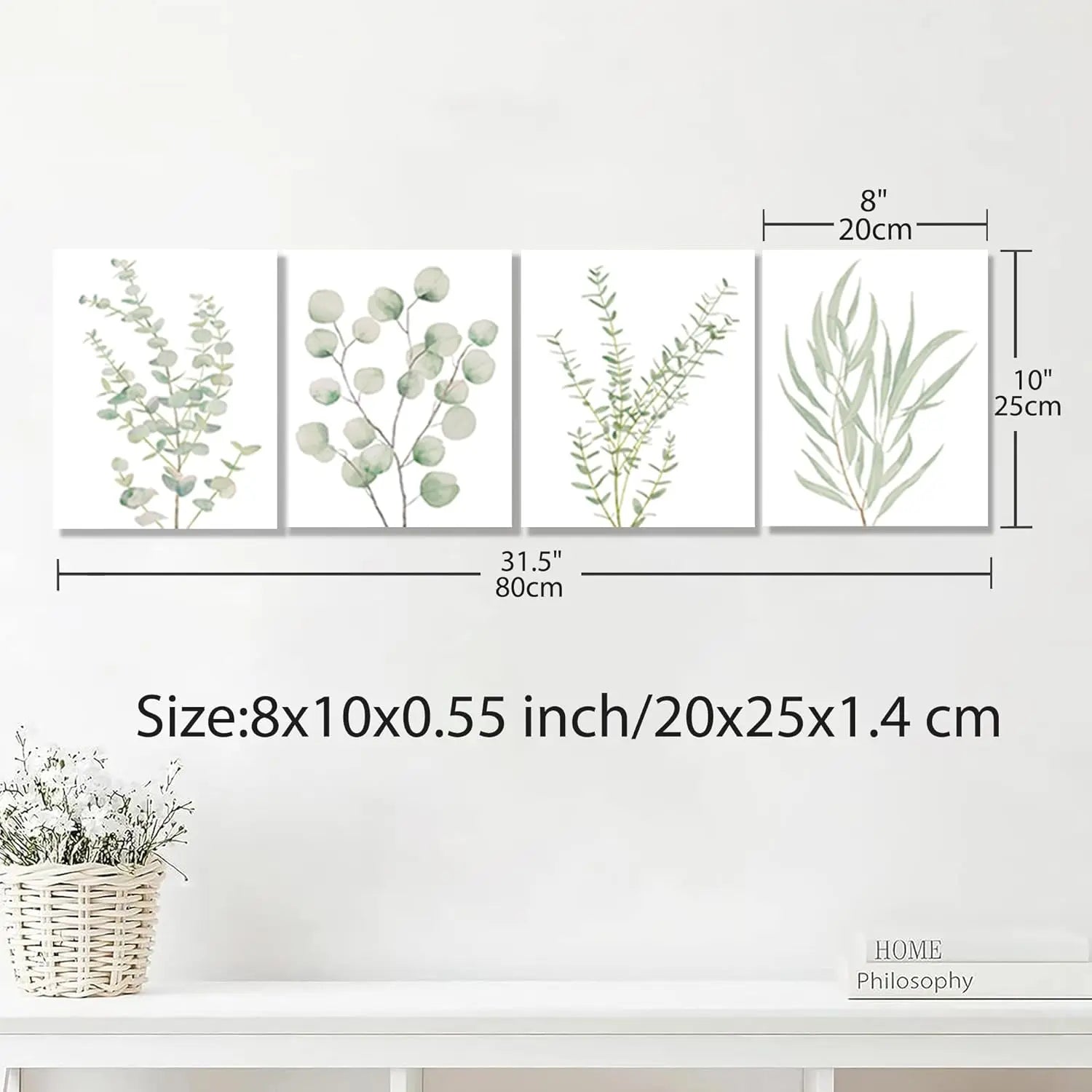 Essentials House 8X10 4PCS 8X10in,Botanical Plant Canvas Wall Art, Framed Boho Wall Decor For Bathroom, Minimalist Aesthetic