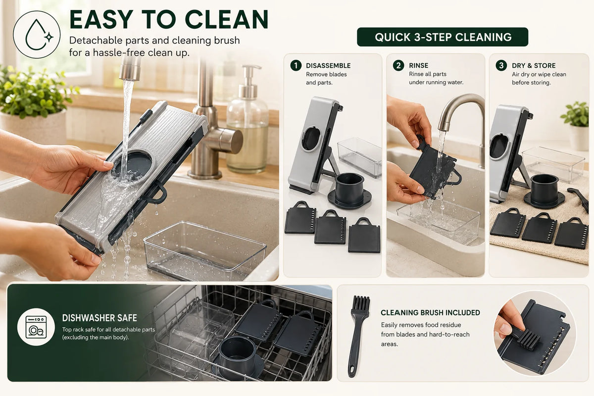Detachable mandoline slicer parts being rinsed and placed in a dishwasher