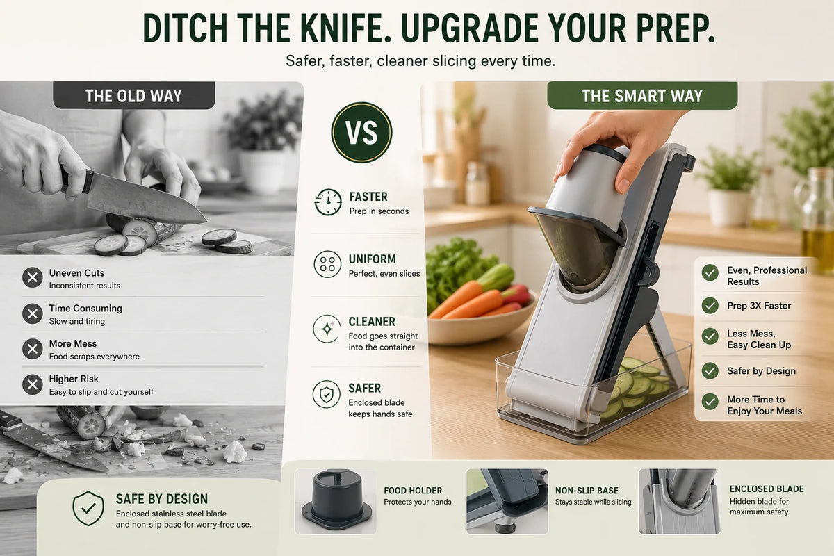 Knife preparation compared with the enclosed 4-in-1 mandoline slicer