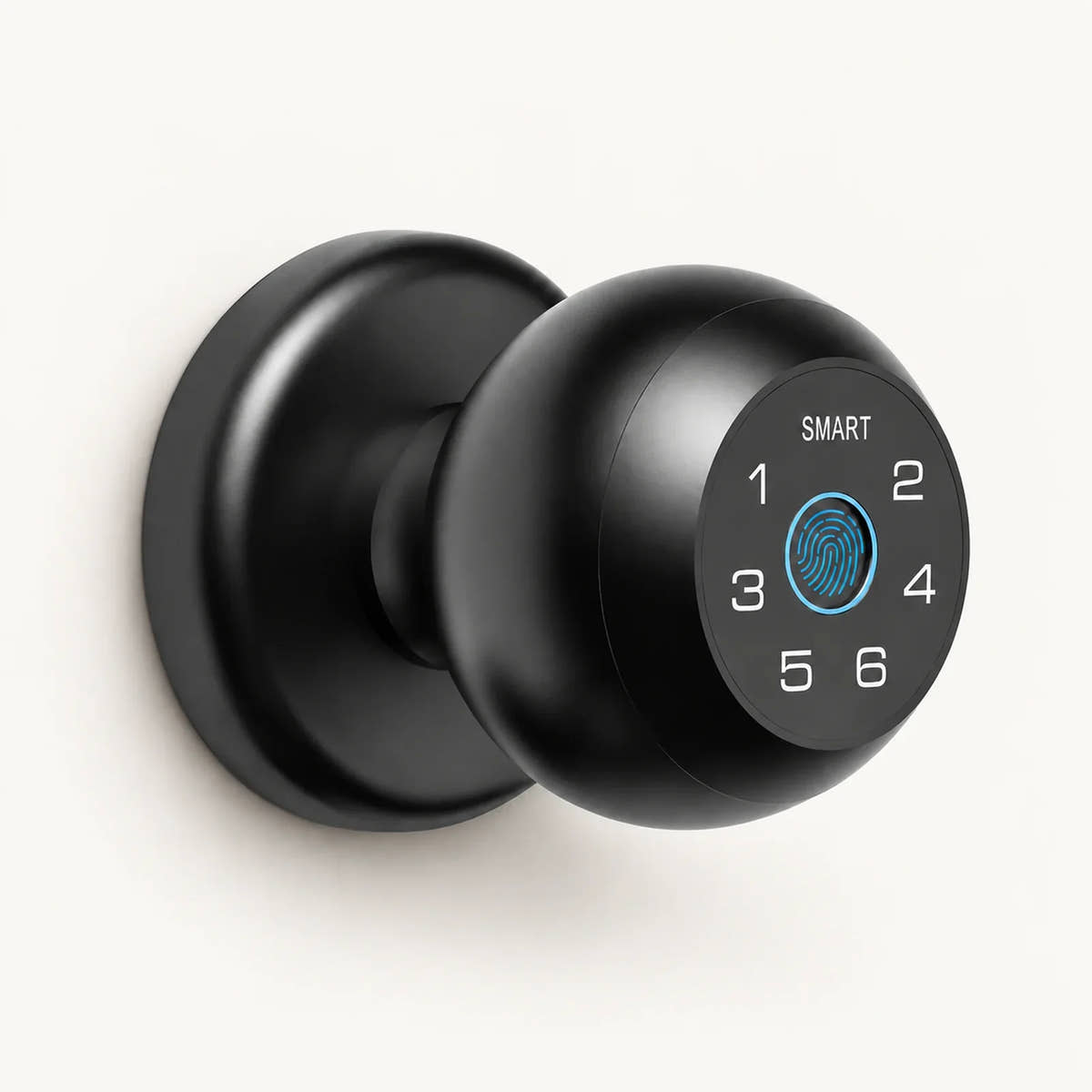 Black 4-in-1 smart fingerprint door lock with keypad on a warm off-white background