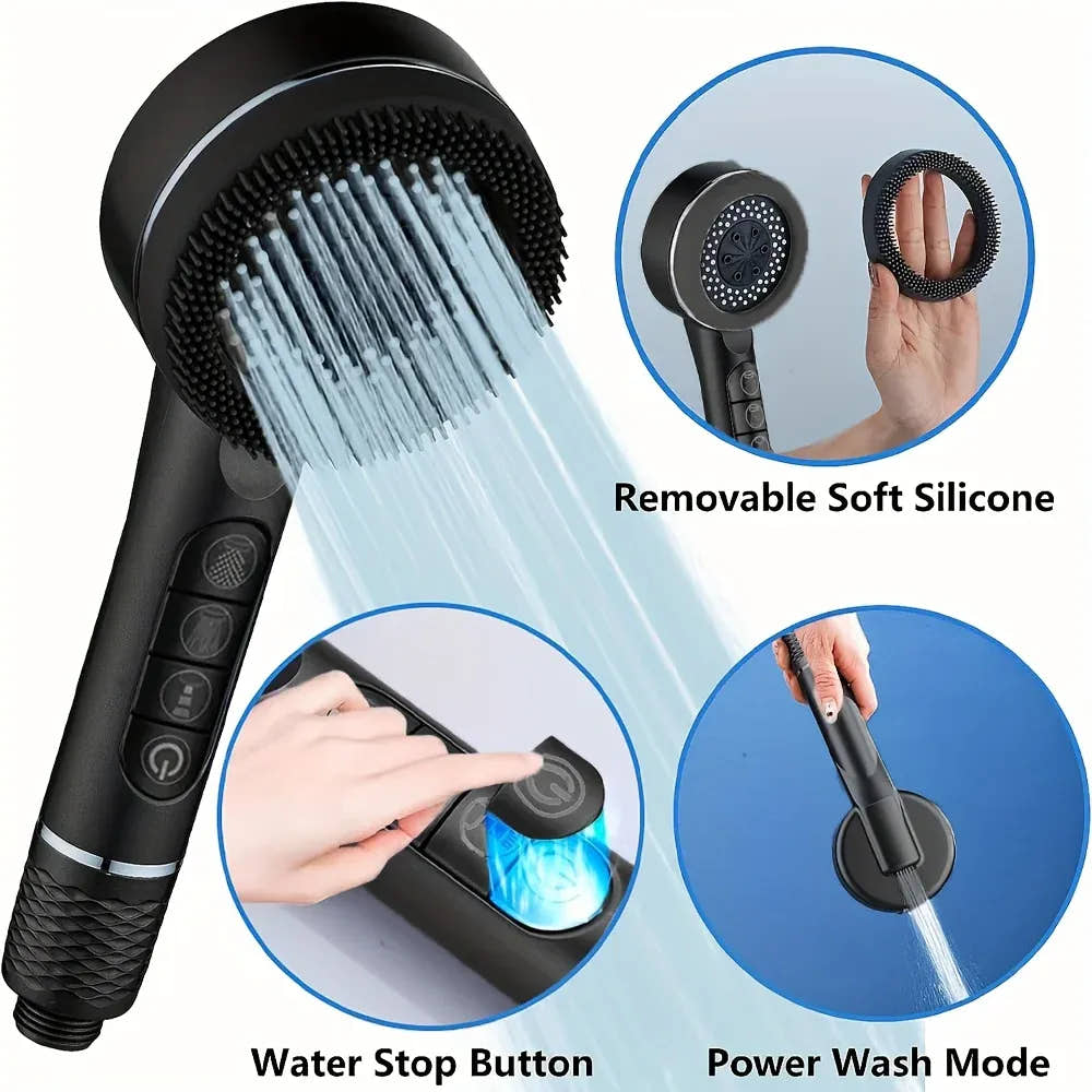 Essentials House 4 Modes Self-cleaning Shower Head with Silicone Brush One-Key Stop Water Massage High Pressure ABS