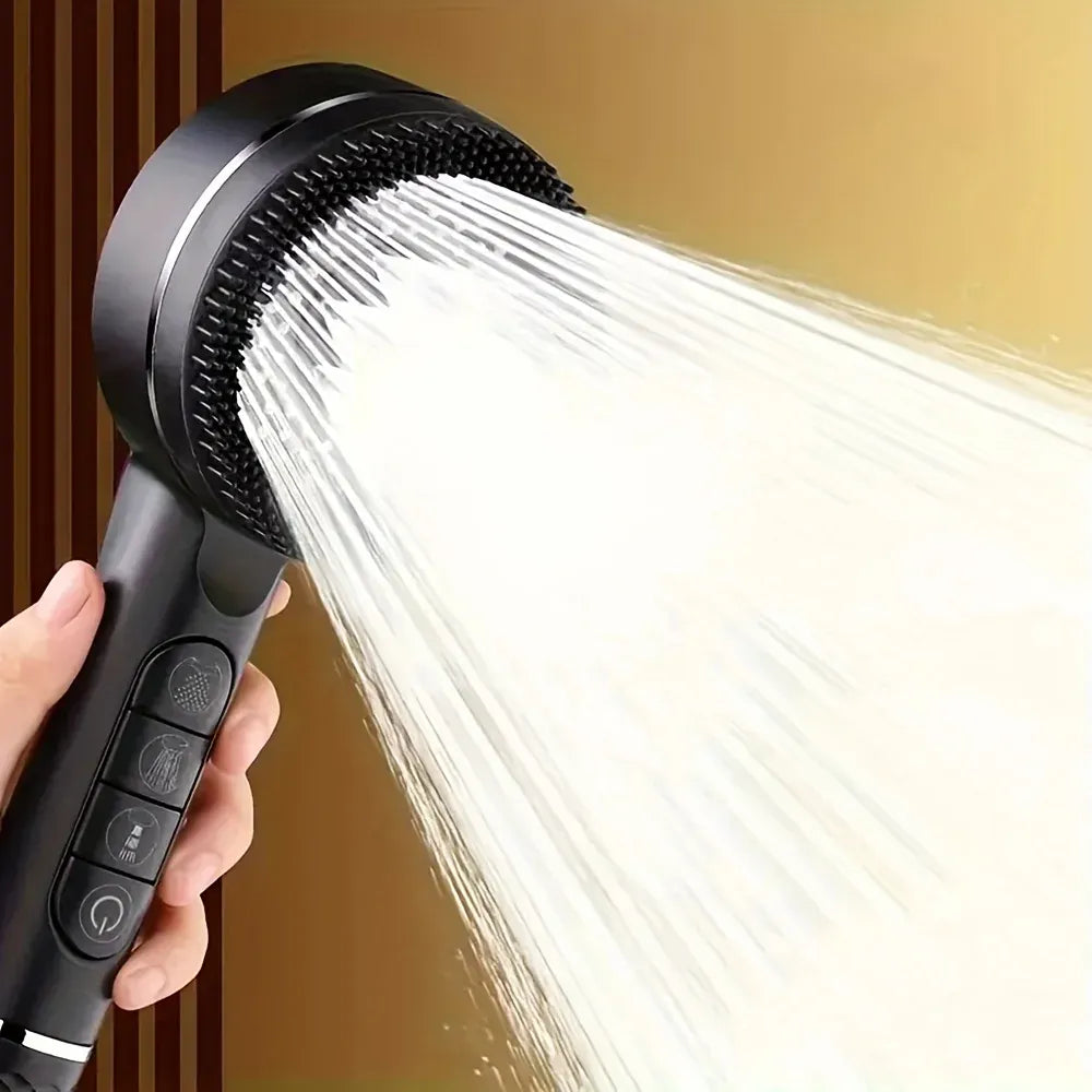 Essentials House 4 Modes Self-cleaning Shower Head with Silicone Brush One-Key Stop Water Massage High Pressure ABS