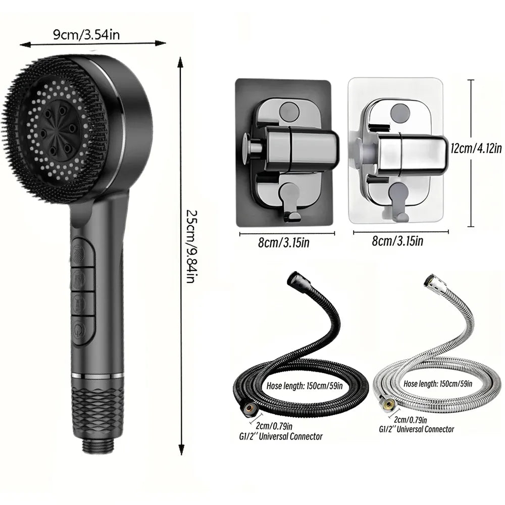 Essentials House 4 Modes Self-cleaning Shower Head with Silicone Brush One-Key Stop Water Massage High Pressure ABS