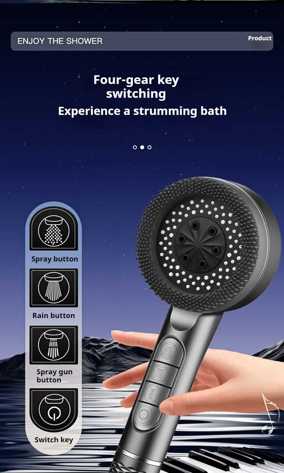 Essentials House 4 Modes Self-cleaning Shower Head with Silicone Brush One-Key Stop Water Massage High Pressure ABS