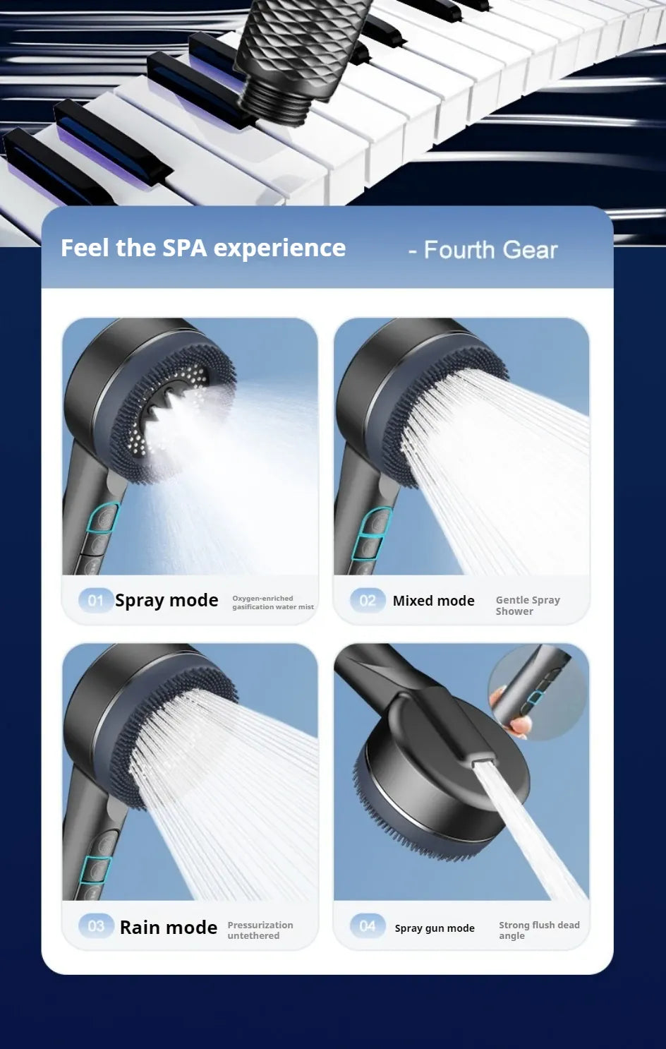 Essentials House 4 Modes Self-cleaning Shower Head with Silicone Brush One-Key Stop Water Massage High Pressure ABS