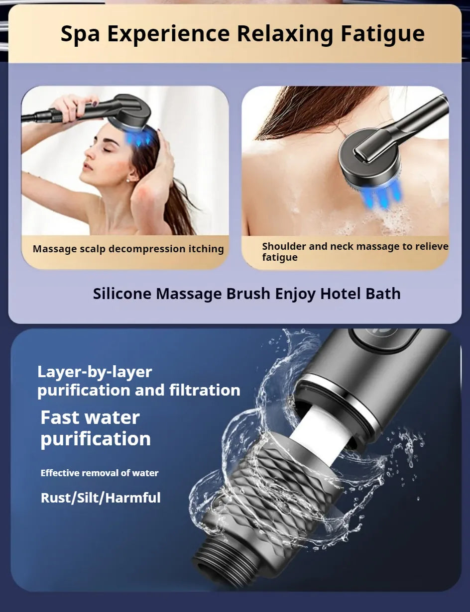 Essentials House 4 Modes Self-cleaning Shower Head with Silicone Brush One-Key Stop Water Massage High Pressure ABS
