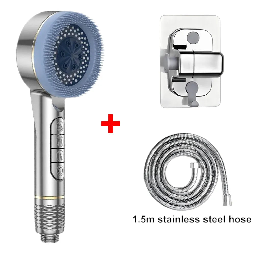 Essentials House Silver Set 4 Modes Self-cleaning Shower Head with Silicone Brush One-Key Stop Water Massage High Pressure