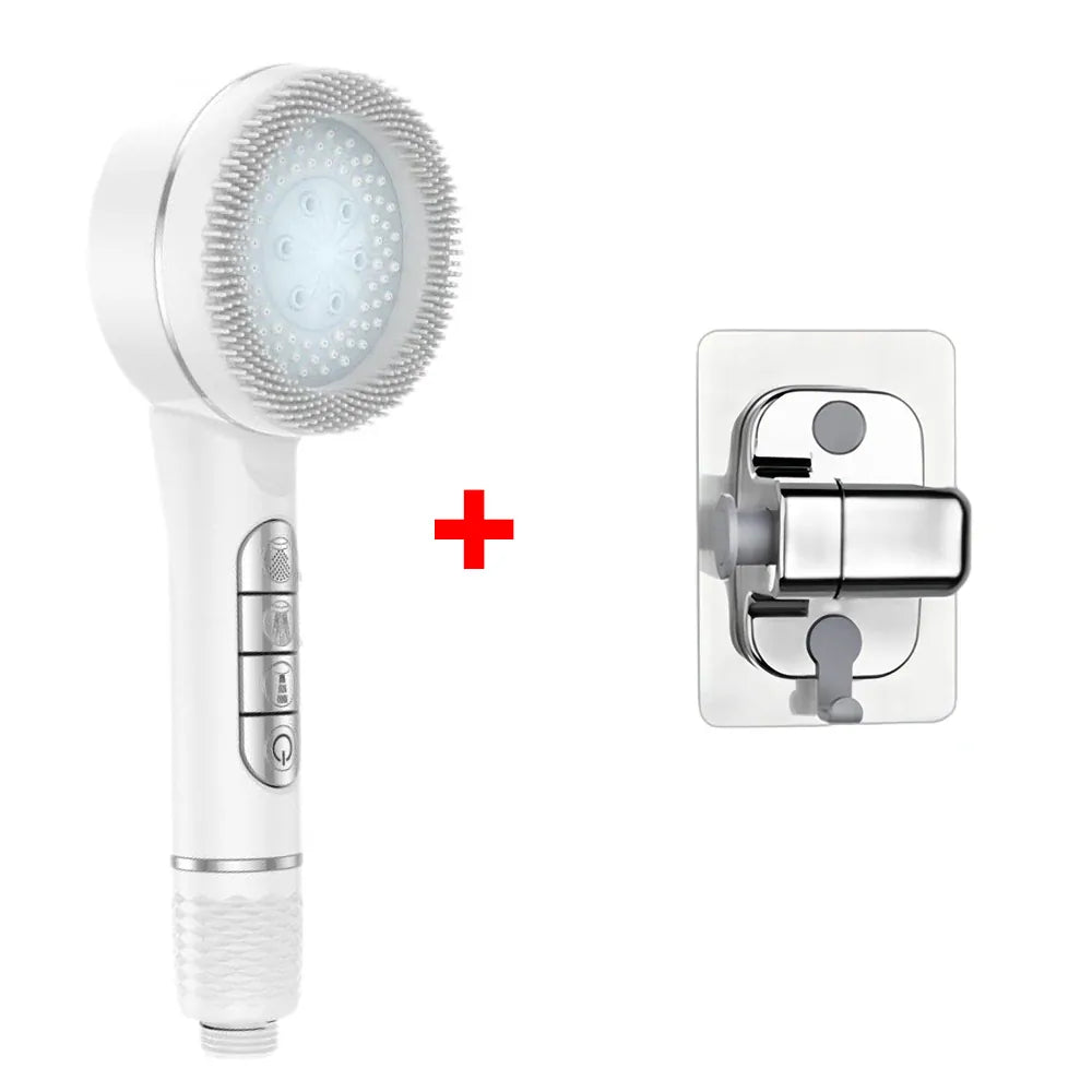 Essentials House White Base Set 4 Modes Self-cleaning Shower Head with Silicone Brush One-Key Stop Water Massage High