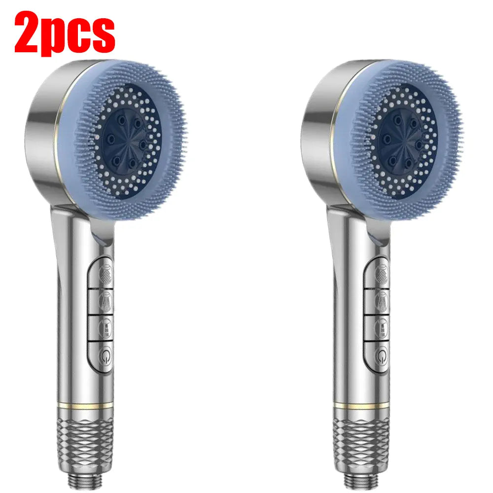 Essentials House Silver 2pcs 4 Modes Self-cleaning Shower Head with Silicone Brush One-Key Stop Water Massage High Pressure