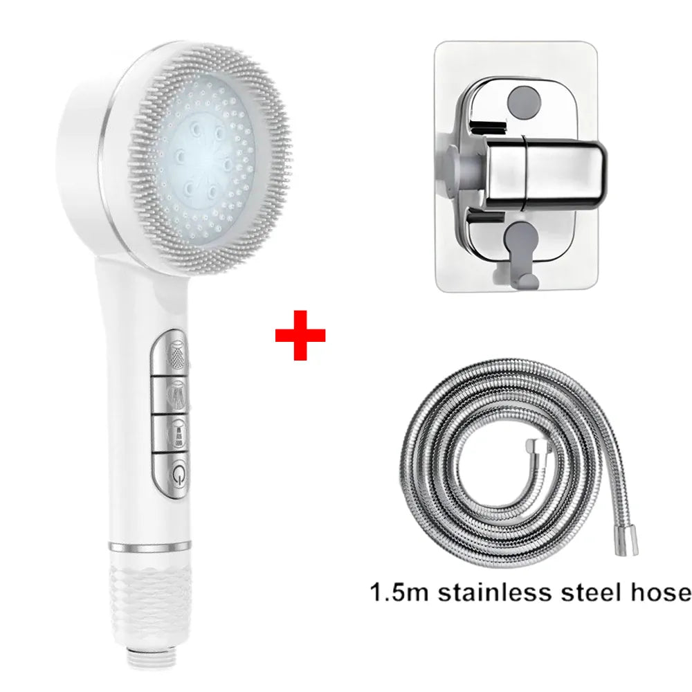 Essentials House White Set 4 Modes Self-cleaning Shower Head with Silicone Brush One-Key Stop Water Massage High Pressure ABS