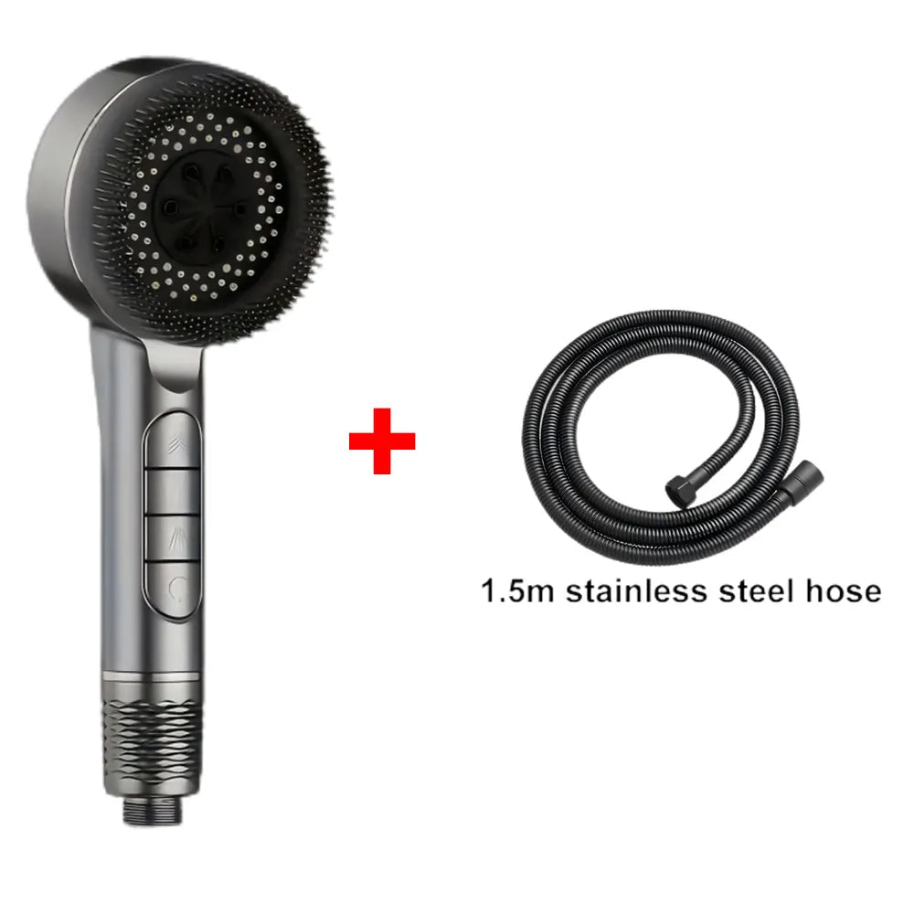 Essentials House Gray Hose Set 4 Modes Self-cleaning Shower Head with Silicone Brush One-Key Stop Water Massage High Pressure
