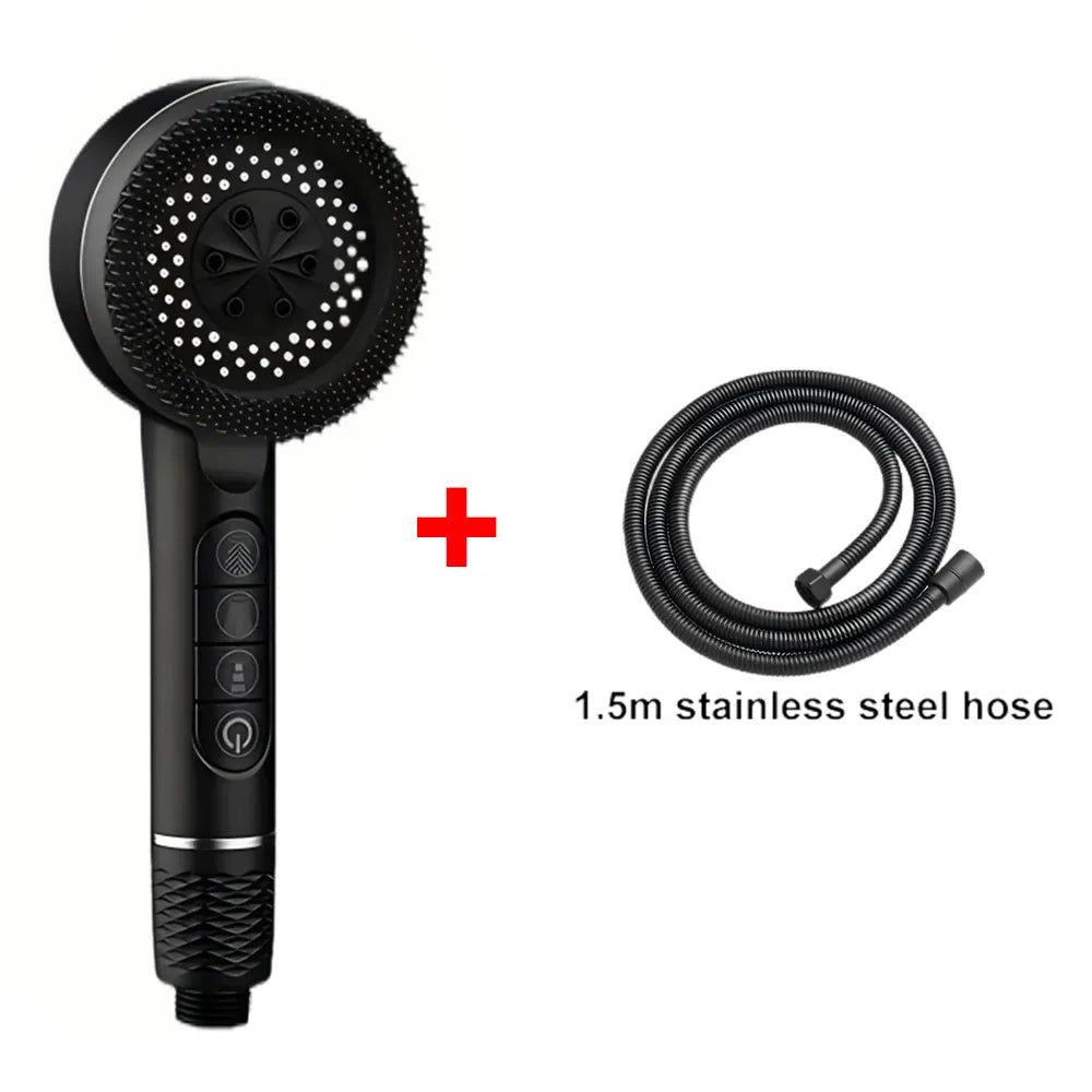 Essentials House Black Hose Set 4 Modes Self-cleaning Shower Head with Silicone Brush One-Key Stop Water Massage High