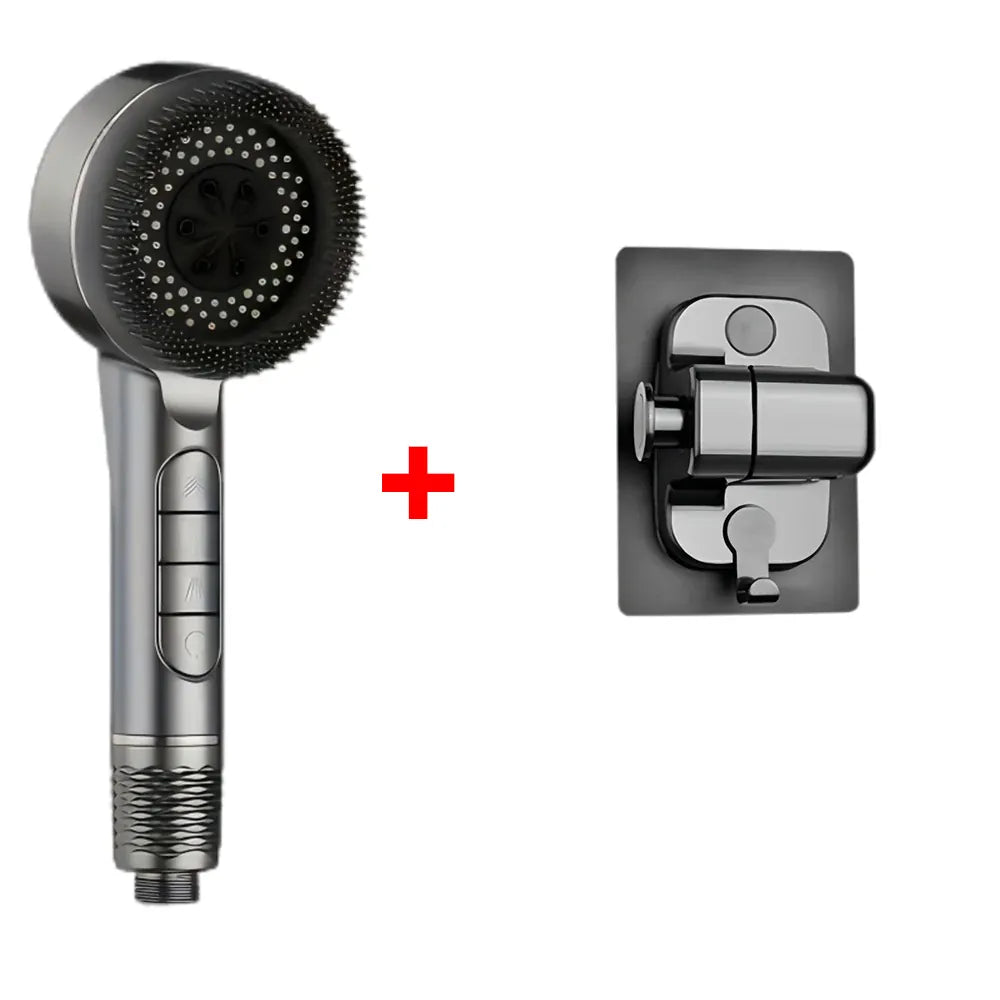 Essentials House Gray Base Set 4 Modes Self-cleaning Shower Head with Silicone Brush One-Key Stop Water Massage High Pressure