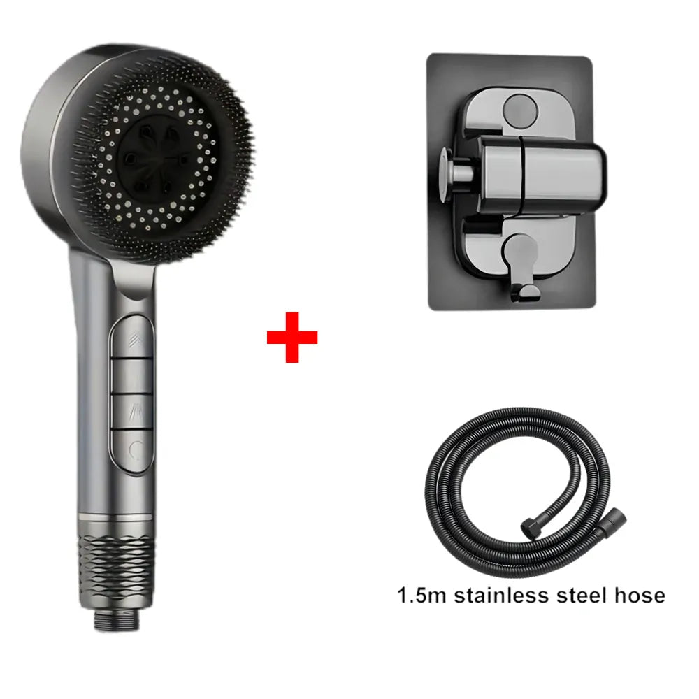 Essentials House Gray Set 4 Modes Self-cleaning Shower Head with Silicone Brush One-Key Stop Water Massage High Pressure ABS