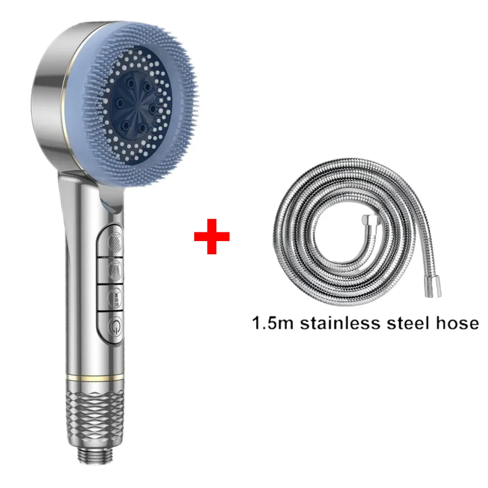 Essentials House Silver Hose Set 4 Modes Self-cleaning Shower Head with Silicone Brush One-Key Stop Water Massage High