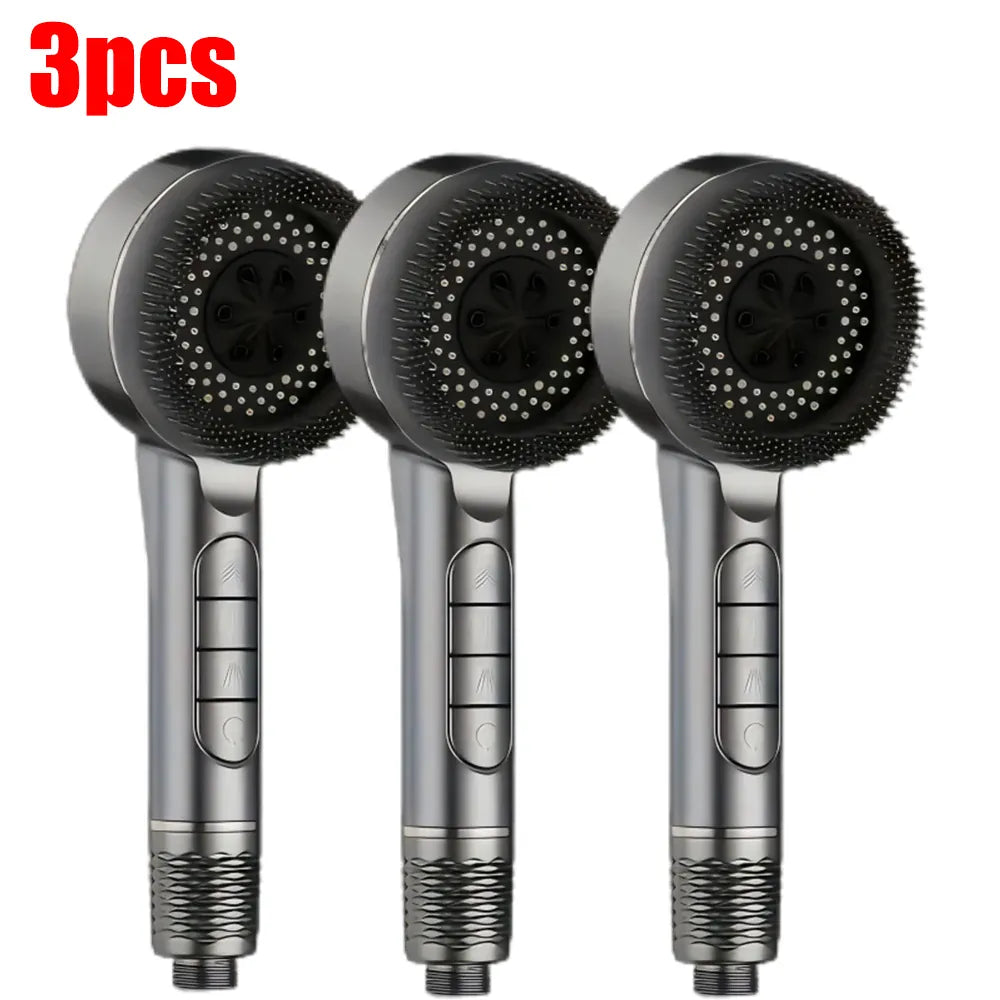 Essentials House Gray 3pcs 4 Modes Self-cleaning Shower Head with Silicone Brush One-Key Stop Water Massage High Pressure ABS