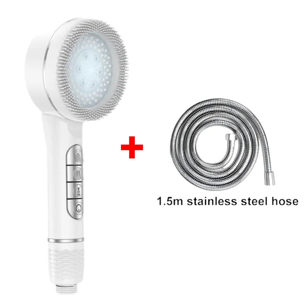 Essentials House White Hose Set 4 Modes Self-cleaning Shower Head with Silicone Brush One-Key Stop Water Massage High
