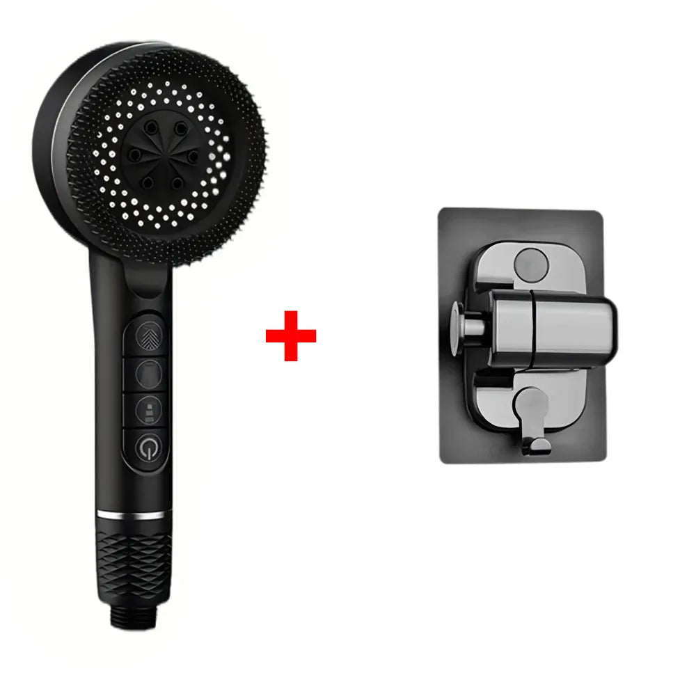 Essentials House Black Base Set 4 Modes Self-cleaning Shower Head with Silicone Brush One-Key Stop Water Massage High