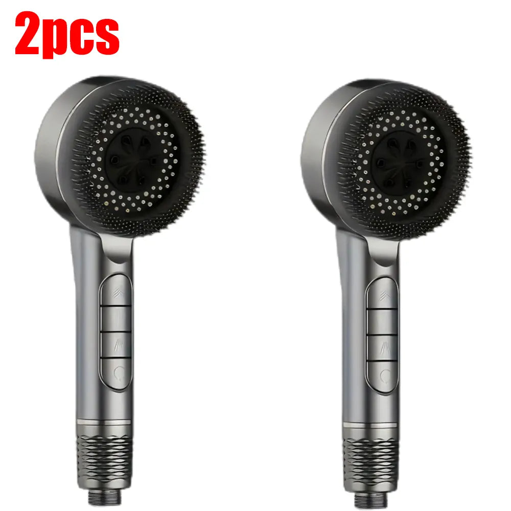 Essentials House Gray 2pcs 4 Modes Self-cleaning Shower Head with Silicone Brush One-Key Stop Water Massage High Pressure ABS