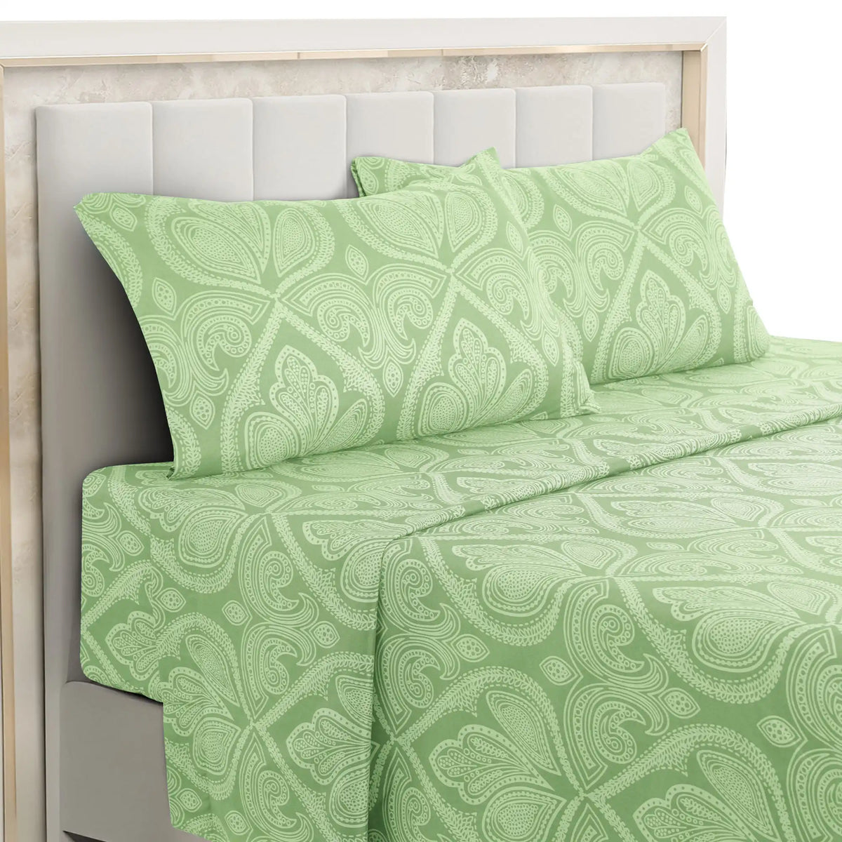 Essentials House Sage / Bed Sheet Set / Queen| Lux Decor 4-Piece Paisley Bed Sheet Set – Soft Brushed Microfiber Sheets