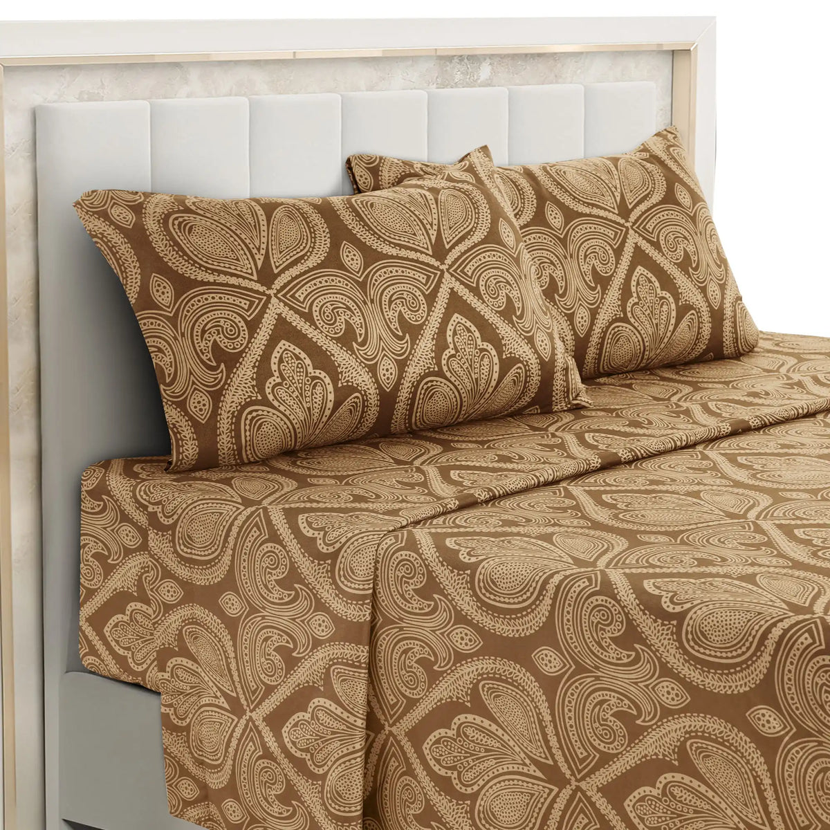 Essentials House Brown / Bed Sheet Set / Queen| Lux Decor 4-Piece Paisley Bed Sheet Set – Soft Brushed Microfiber Sheets