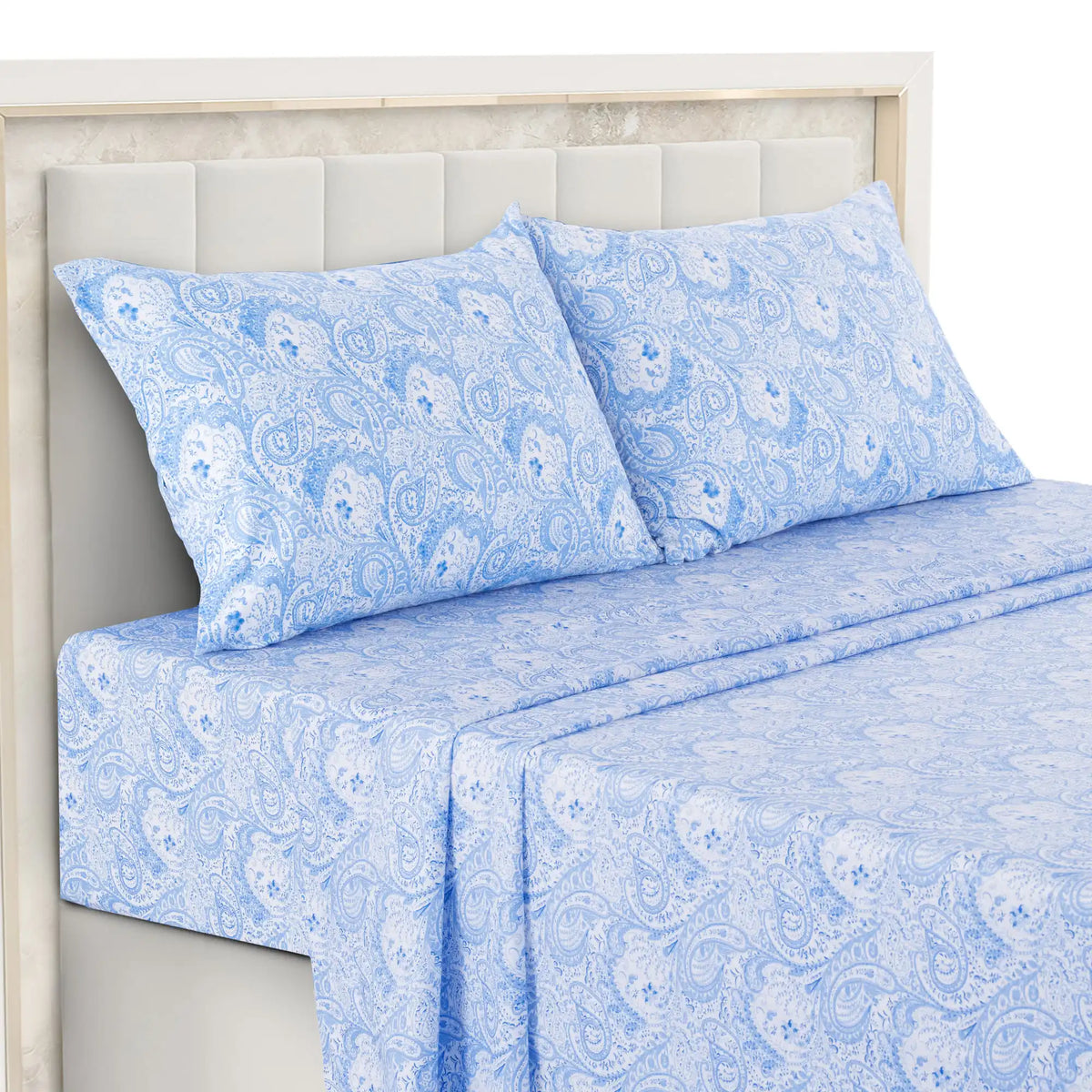 Essentials House White Blue / Bed Sheet Set / Queen| Lux Decor 4-Piece Paisley Bed Sheet Set – Soft Brushed Microfiber Sheets