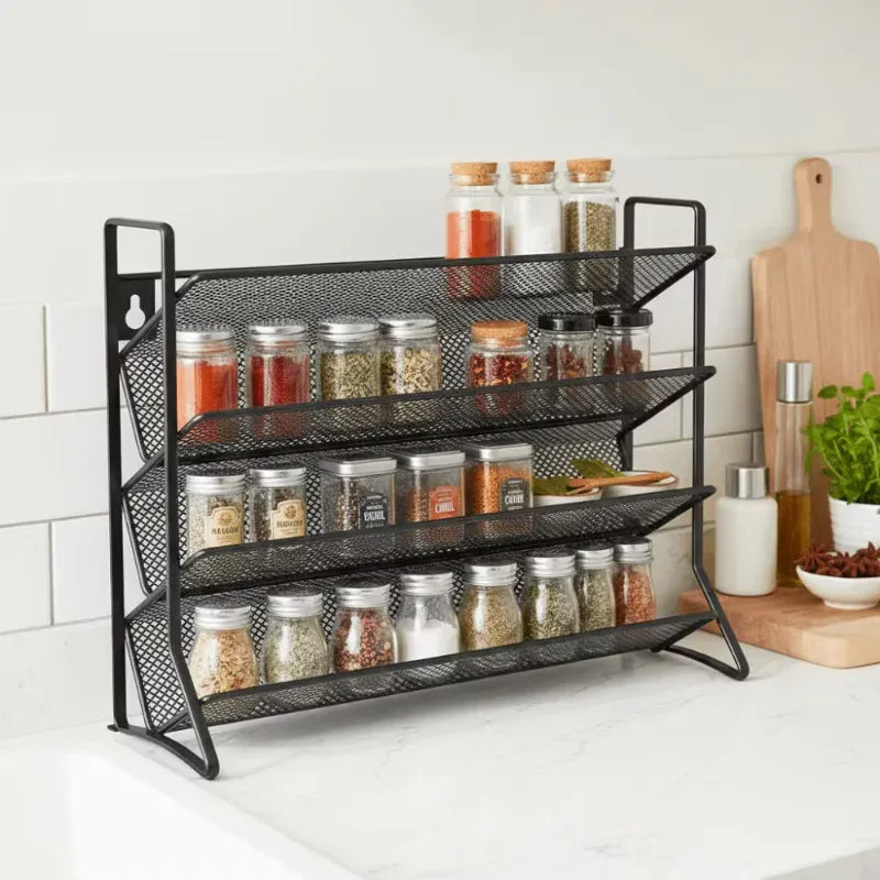 Essentials House 4 Tier Cupboard Storage Shelf Carbon Steel Spice Seasoning Jar Organizer Wall Mount Kitchen Spice Rack