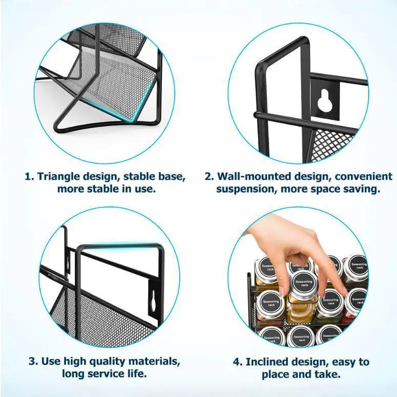 Essentials House 4 Tier Cupboard Storage Shelf Carbon Steel Spice Seasoning Jar Organizer Wall Mount Kitchen Spice Rack