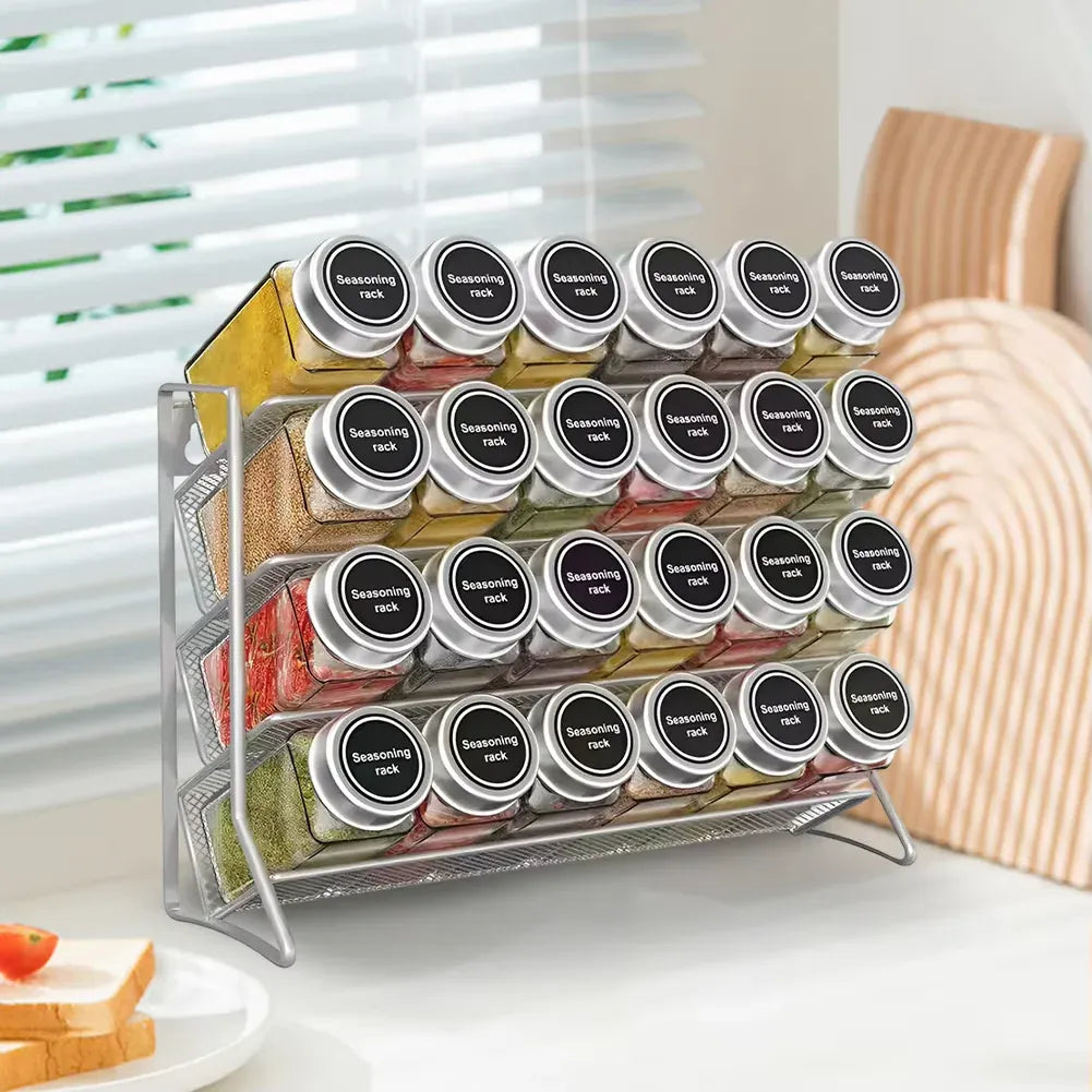 Essentials House Silver 4 Tier Cupboard Storage Shelf Carbon Steel Spice Seasoning Jar Organizer Wall Mount Kitchen Spice
