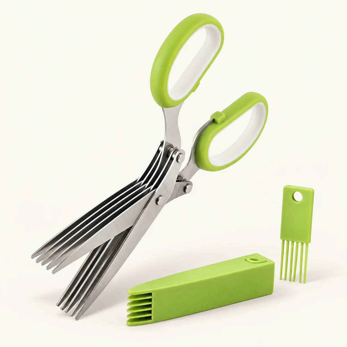 5-Blade Stainless Steel Herb Scissors on a warm off-white background with a soft natural shadow.
