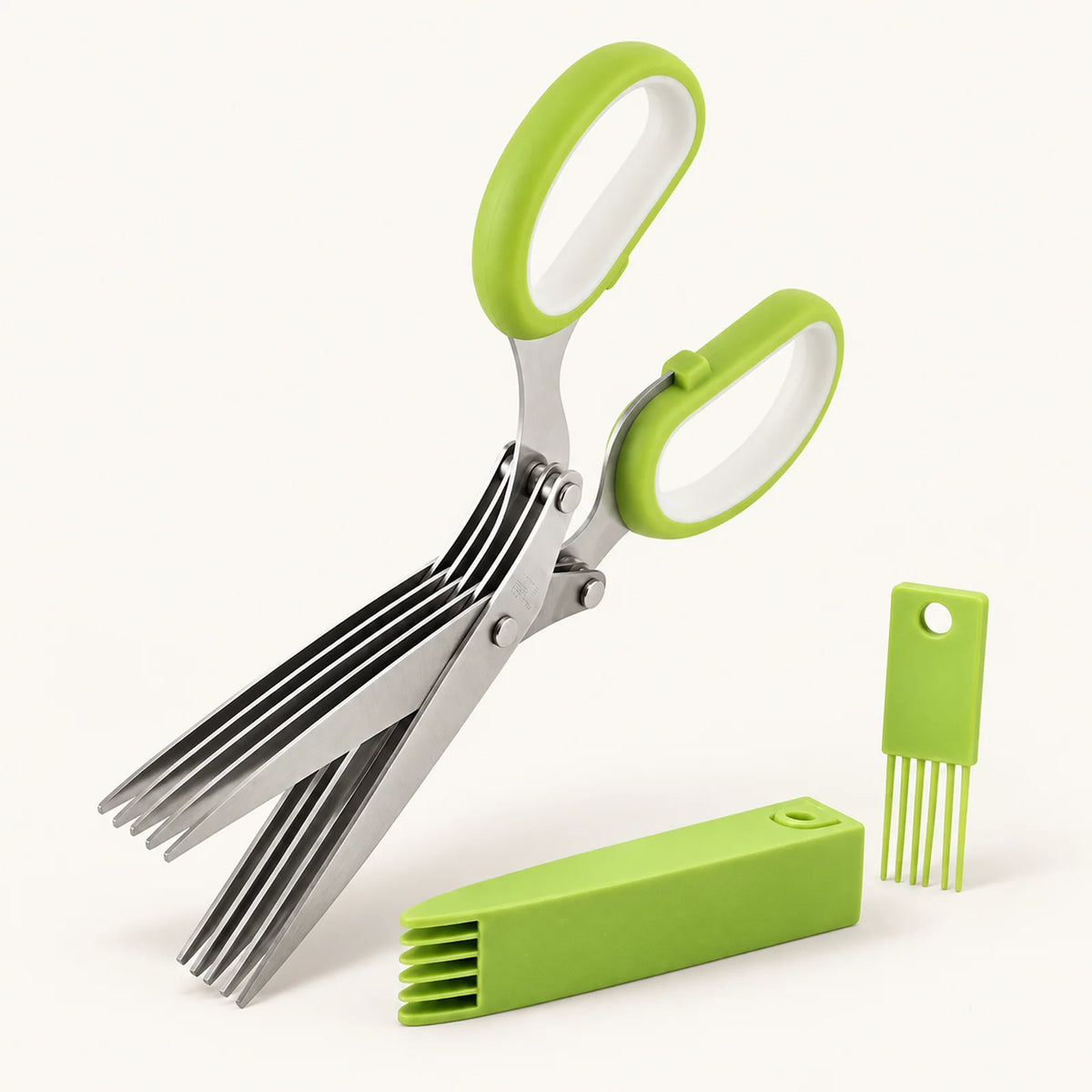 5-Blade Stainless Steel Herb Scissors on a warm off-white background with a soft natural shadow.