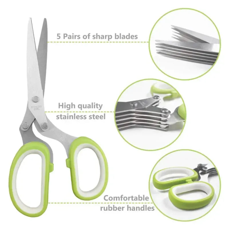 Essentials House Multifunctional 5 Layers Stainless Steel Knives Kitchen Scissors Scallion Cutter Herb Laver Spices Cook Cut