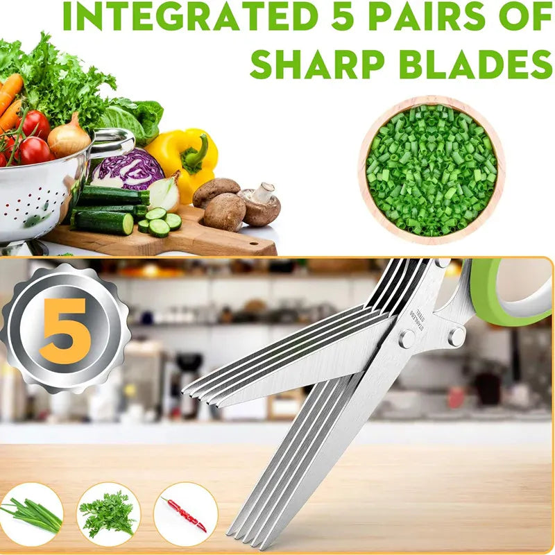 Essentials House Multifunctional 5 Layers Stainless Steel Knives Kitchen Scissors Scallion Cutter Herb Laver Spices Cook Cut