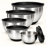 5-Bowl Stainless Steel Mixing Set with Lids on a warm off-white background with a soft natural shadow.
