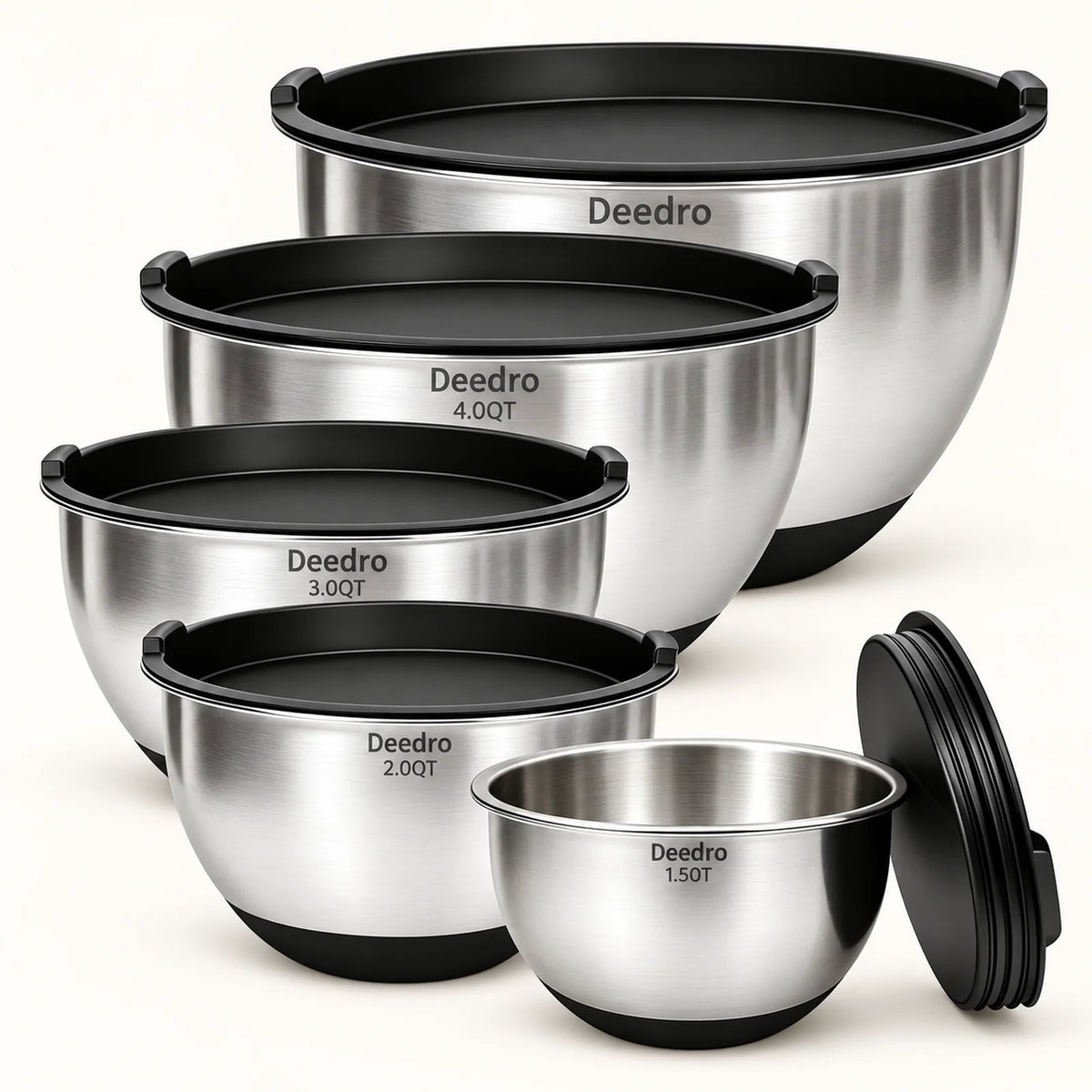 5-Bowl Stainless Steel Mixing Set with Lids on a warm off-white background with a soft natural shadow.