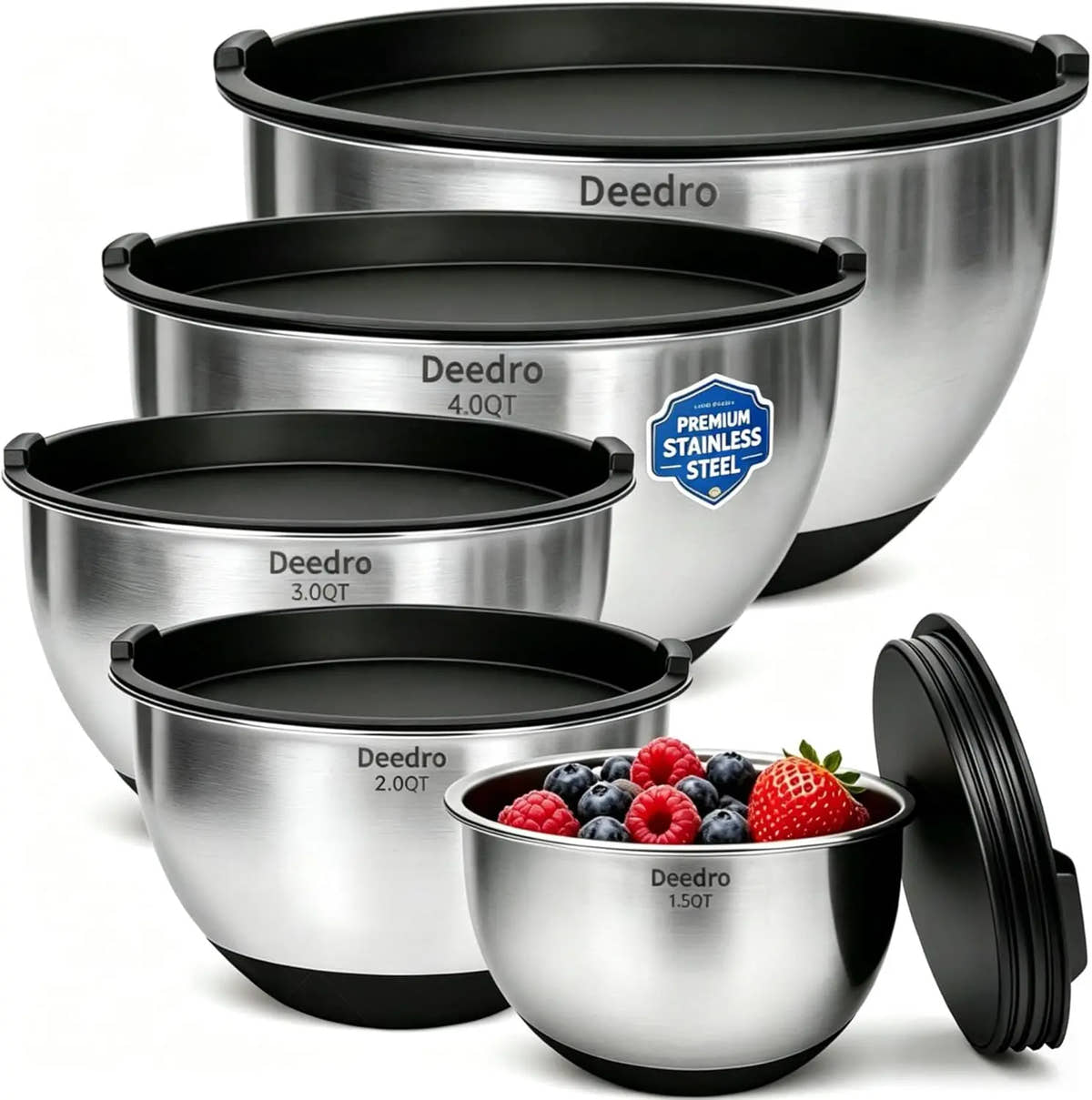 Essentials House 22Pcs Stainless Steel Mixing Bowls Set with Airtight Lids, 1.5/2/3/4/5 QT, Non-Slip Silicone Base, Nesting
