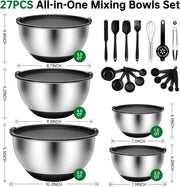 Essentials House 22Pcs Stainless Steel Mixing Bowls Set with Airtight Lids, 1.5/2/3/4/5 QT, Non-Slip Silicone Base, Nesting