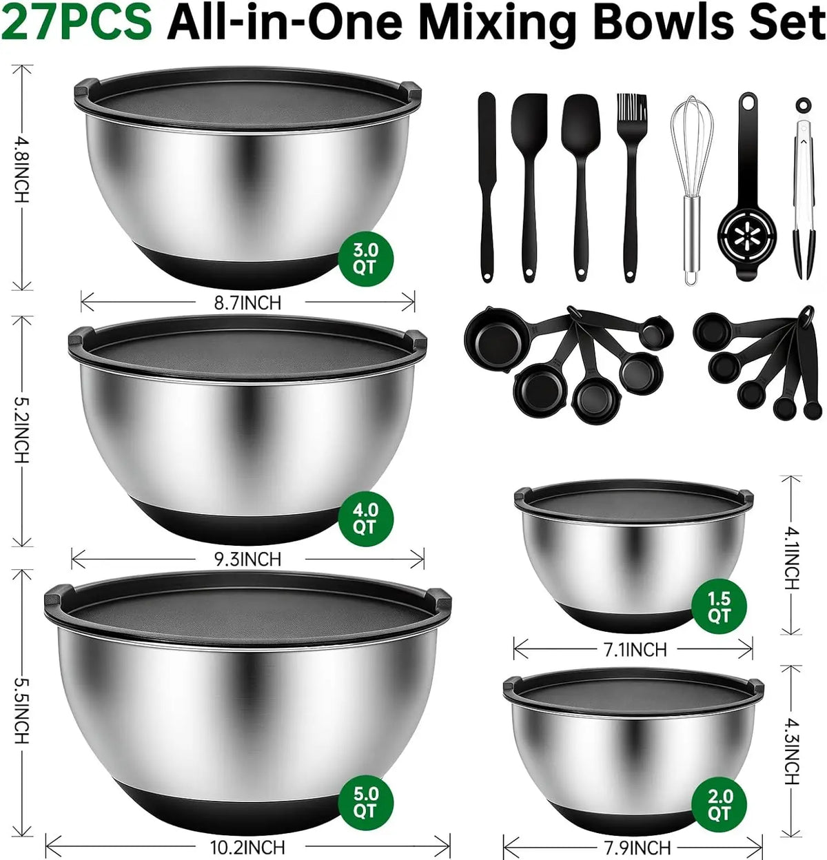 Essentials House 22Pcs Stainless Steel Mixing Bowls Set with Airtight Lids, 1.5/2/3/4/5 QT, Non-Slip Silicone Base, Nesting