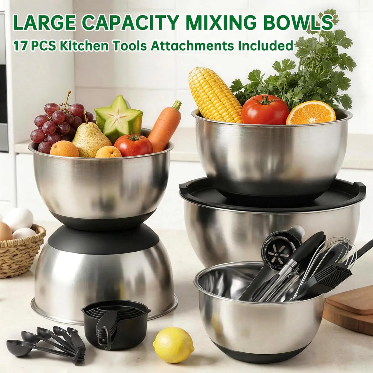 Essentials House 22Pcs Stainless Steel Mixing Bowls Set with Airtight Lids, 1.5/2/3/4/5 QT, Non-Slip Silicone Base, Nesting