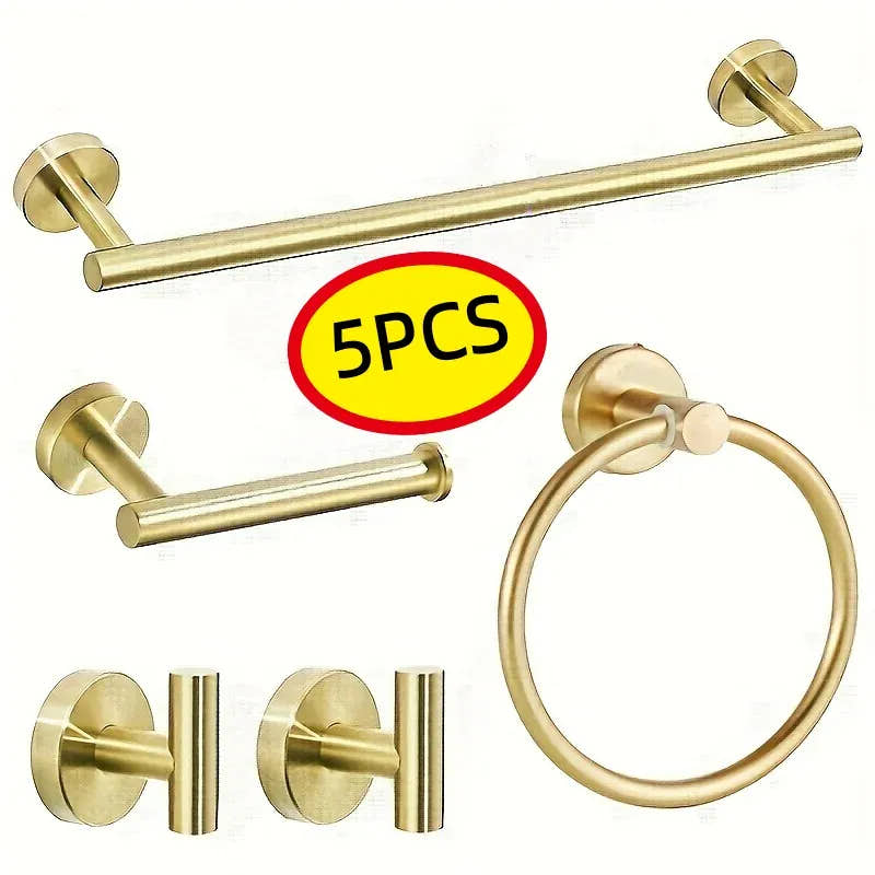 Five-piece gold bathroom hardware set with towel bars, hooks, and ring