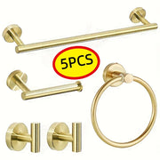 Five-piece gold bathroom hardware set with towel bars, hooks, and ring