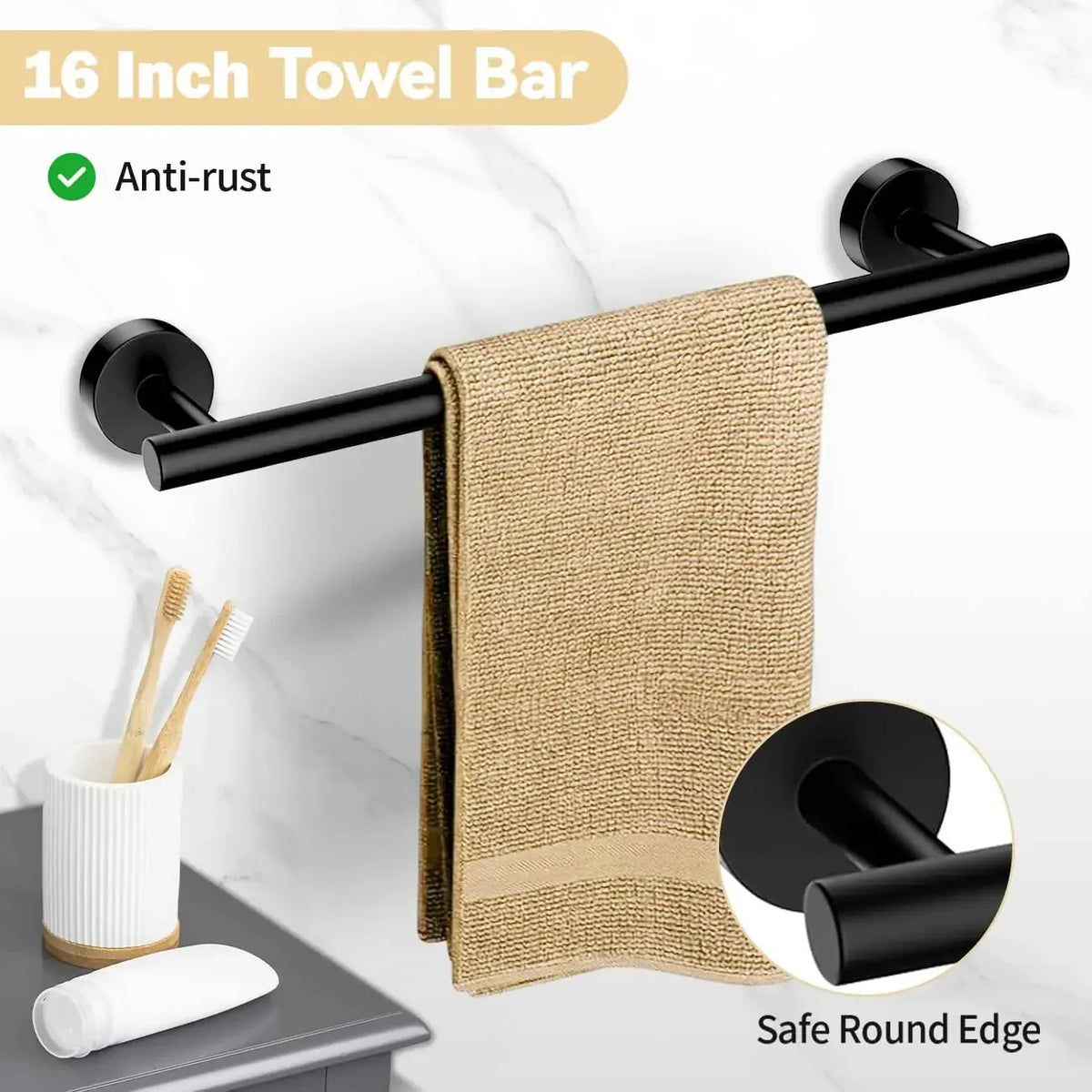 Black 16-inch towel bar holding a beige towel