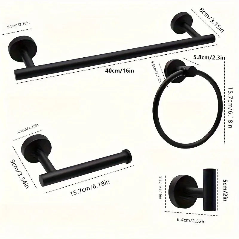 Dimensions of black five-piece bathroom hardware set