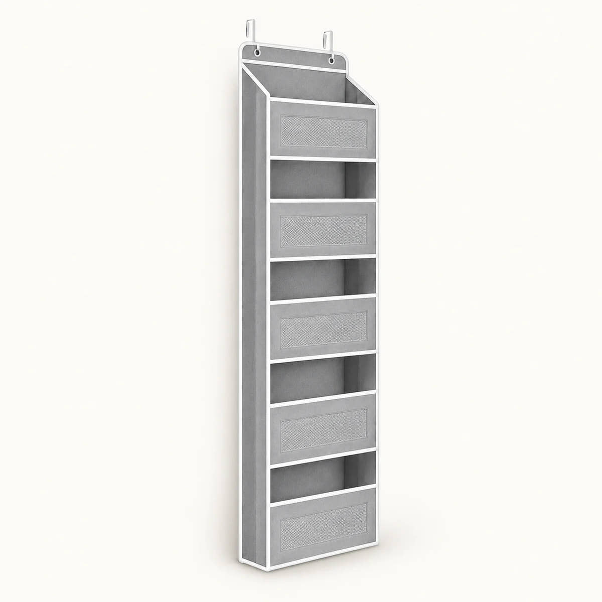Grey over-door organizer with five mesh-front pockets
