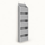 Grey over-door organizer with five mesh-front pockets