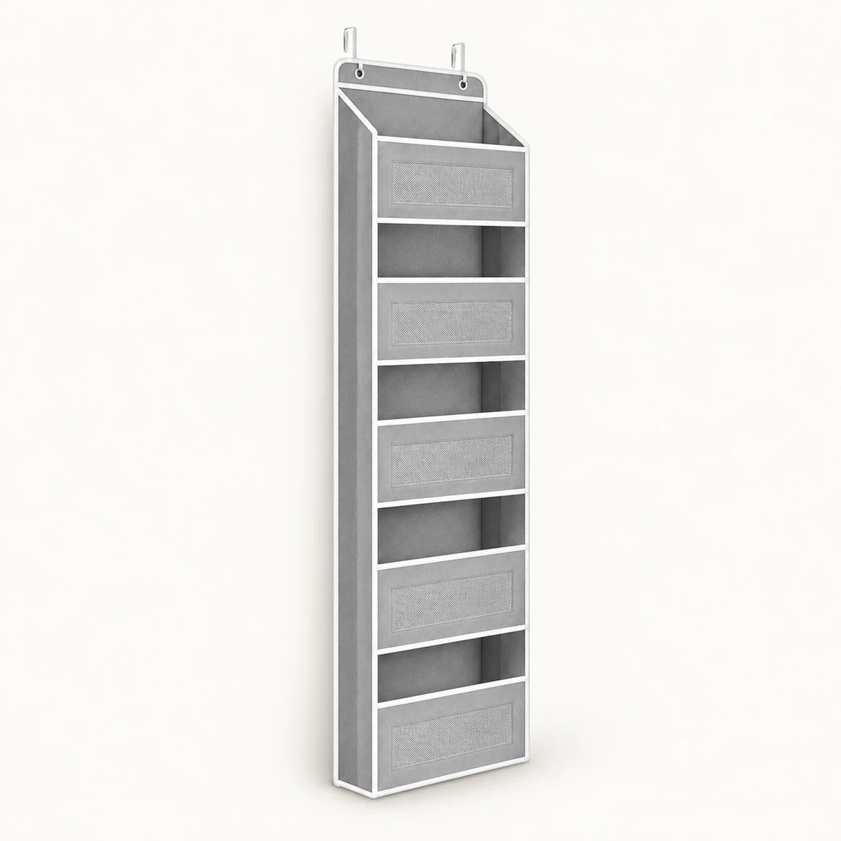 Grey over-door organizer with five mesh-front pockets
